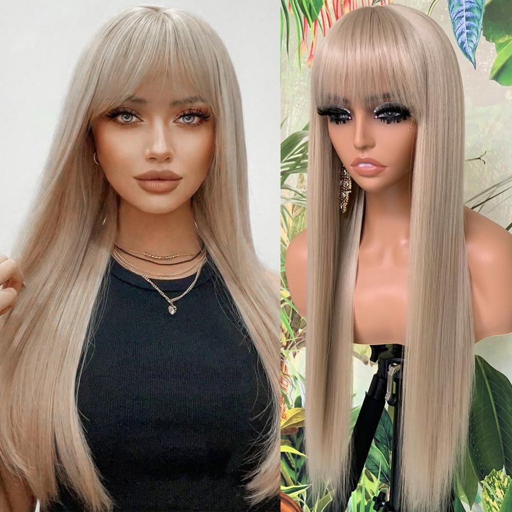 Women Ash Blonde Synthetic Long Straight Hair Wigs with Bangs